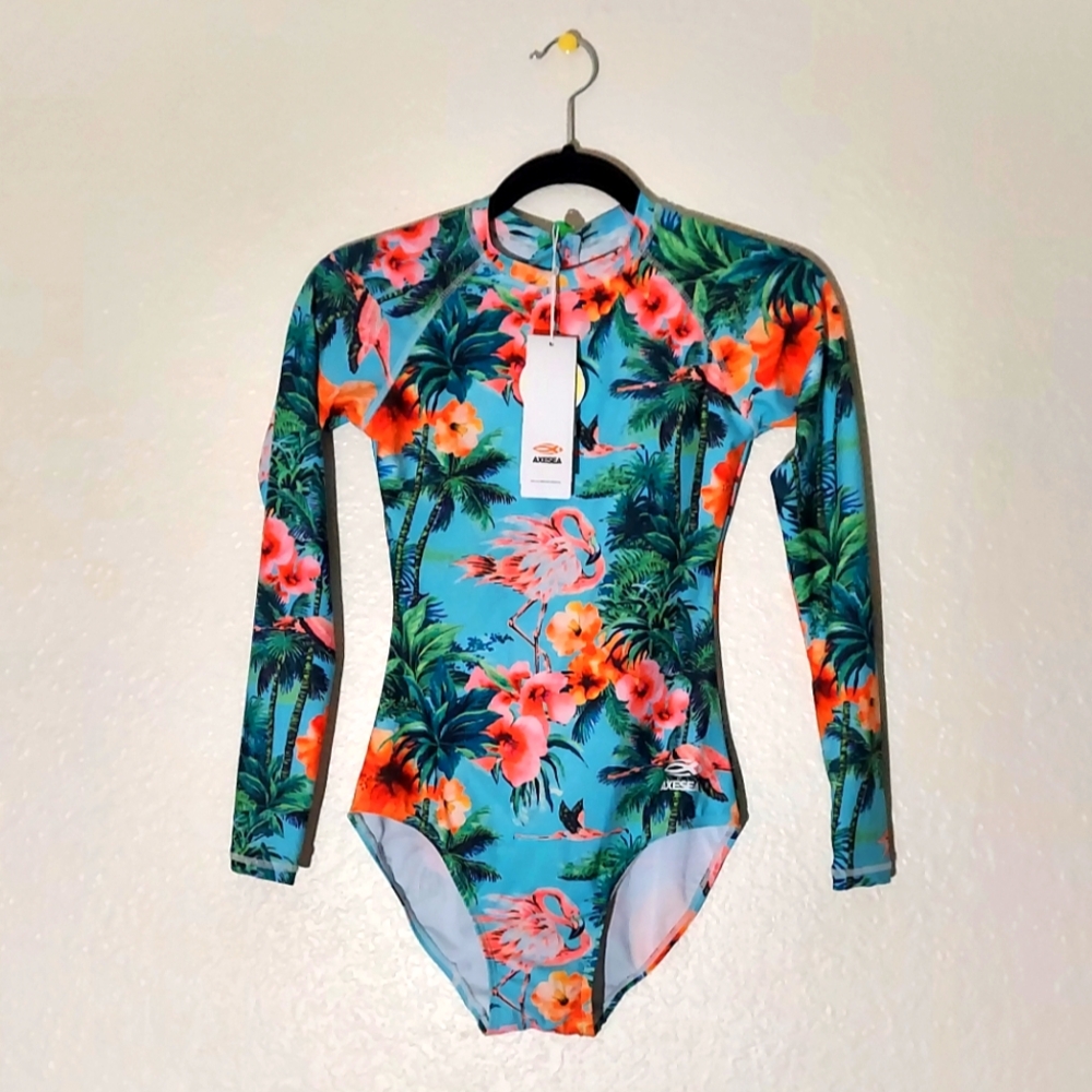 AXESEA Multi Floral & Flamingo Print Long Sleeve One Piece Swimsuit WM Sz 4 NWT